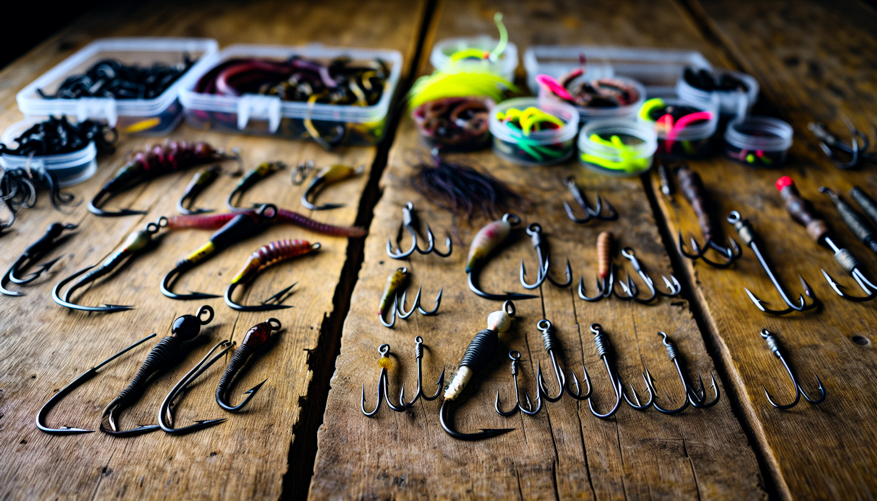 Assorted fishing hooks and bait on a wooden table